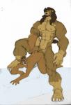 5_fingers abs anal anthro brown_body brown_fur brown_hair colored_nails duo eyewear fingers fur glasses hair male male/male nails open_mouth tan_body tan_fur white_nails galen galen_dhaelos canid canine canis felid lion mammal pantherine wolf hi_res