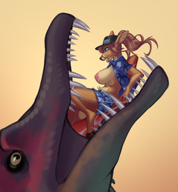 aloha_shirt ambiguous_gender anthro baseball_cap big_breasts black_clothing black_hat black_headwear black_sclera blue_bottomwear blue_clothing blue_eyes blue_pants blue_topwear bodily_fluids bottomwear breasts brown_body brown_fur brown_hair clothed clothing duo exposed_breasts eyelashes fangs feet_first female female_prey feral fur glistening glistening_eyes grey_body hair hat headgear headwear in_mouth no_bra open_clothing open_mouth open_shirt open_topwear oral_vore pants partially_inside pattern_clothing pattern_shirt pattern_topwear red_body saliva saliva_string sharp_teeth shirt side_view simple_background tan_background tan_body tan_eyes tan_fur teeth topwear unsigned vore admiralobster gray_meadows deer dinosaur mammal prehistoric_species reptile scalie spinosaurid spinosaurus theropod hi_res
