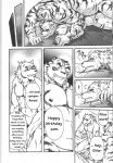 age_difference anthro canid canine canis comic dialogue duo english_text felid gift greyscale jin_(artist) male male/male mammal mature_anthro mature_male monochrome pantherine text tiger translated wolf