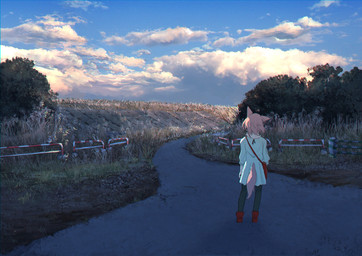 amazing_background anthro backpack clothed clothing cloud day detailed_background dress female footwear fully_clothed fur grass hair kemono landscape legwear outside pink_hair plant rear_view road scenery_porn shoes sky solo standing sunset tree white_body white_fur pippi913 canid canine mammal 2017 detailed digital_media_(artwork) digital_painting_(artwork) painting_(artwork)