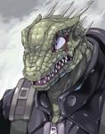 angry anthro bodypaint clothed clothing face_paint for_a_head green_body green_scales green_skin male scales sharp_teeth solo spines teeth hijirinoyuta dorohedoro kaiman_(dorohedoro) animal_head animal_humanoid humanoid reptile scalie portrait