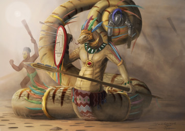 anthro armor clothed clothing group holding_object holding_weapon jewelry male mask melee_weapon midriff necklace polearm red_eyes scales shield spear tan_body tan_scales tongue topless weapon themefinland human mammal reptile scalie snake hi_res