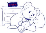 :3 alarm_clock black_nose bow_tie clock dot_eyes drawer eyelashes female feral head_tilt open_mouth open_smile pawpads pillow plushie simple_background simple_eyes simple_face sitting smile solo teddy_bear time white_background lewdicrousart animate_inanimate bear mammal low_res