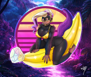 anthro banana big_breasts bikini black_body black_fur blonde_hair blush blush_lines breasts brown_body brown_fur clothing colored_nails ear_piercing eyebrow_piercing eyewear facial_piercing feet female food front_view fruit fur glasses hair huge_breasts lipstick looking_at_viewer makeup multicolored_hair nails nipple_outline piercing plant purple_hair purple_nails sharp_nails sitting smile solo swimwear thick_thighs two-piece_swimsuit two_tone_hair wide_hips yellow_bikini yellow_clothing yellow_eyes yellow_lipstick yellow_swimwear artbubba donkey_kong_(series) donkey_kong_bananza nintendo poppy_kong haplorhine kong mammal monkey primate absurd_res hi_res