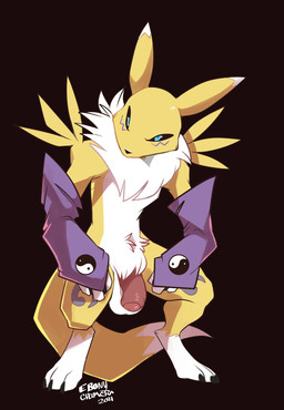 anthro balls black_sclera blue_eyes claws foreskin fur genitals humanoid_genitalia humanoid_penis looking_at_viewer male penis solo tail white_body white_fur yellow_body yellow_fur conditional_dnp ebonychimera bandai_namco digimon canid canine digimon_(species) mammal renamon 2021 digital_media_(artwork) hi_res