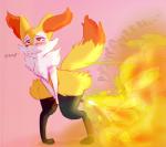 anthro bite biting_lip biting_own_lip blush explosion fart fart_fetish female fire fire_fart freckles fur inner_ear_fluff knock-kneed looking_pleasured pink_background self_bite simple_background solo sound_effects stick tuft white_body white_fur yellow_body yellow_fur fakerface45 nintendo pokemon braixen canid canine generation_6_pokemon mammal pokemon_(species)