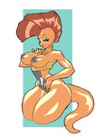 anthro areola big_breasts breasts clothed clothing eyeshadow female grey_areola grey_nipples huge_breasts lipstick looking_at_viewer makeup mostly_nude nipples partially_clothed shirt simple_background solo tank_top thick_thighs topwear theoverloader nintendo pokemon generation_5_pokemon pokemon_(species) scrafty