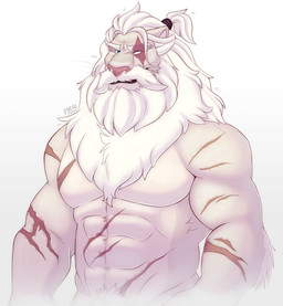 abs alternate_species anthro arm_scar beard blue_eyes chest_scar eye_scar eyebrows facial_hair facial_scar fur furrification hair male mature_male muscular navel pecs pubes scar simple_background solo whiskers white_background white_body white_eyebrows white_fur white_hair thediyemi the_witcher geralt_of_rivia felid lion mammal pantherine colored digital_drawing_(artwork) digital_media_(artwork) hi_res shaded