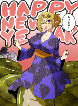 apode asian_clothing big_breasts blonde_hair blue_clothing breasts clothing east_asian_clothing female green_body group hair japanese_clothing kimono legless serpentine split_form text trio kaiga draconcopode human lamia mammal reptile scalie snake 2025 absurd_res hi_res