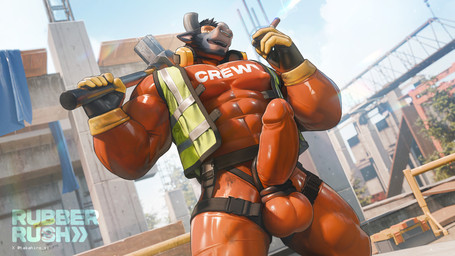 2_horns 5_fingers abs anthro barazoku beard black_clothing black_gloves black_hair black_handwear bodysuit broken_horn bulge cigar city cityscape clothed clothing construction_equipment construction_site crotch_harness day dirty dirty_clothing dutch_angle erection eyewear facial_hair facial_piercing fingers fur girder gloves goggles green_clothing green_topwear green_vest grey_body grey_fur hair hammer handwear holding_cigar holding_hammer holding_object holding_tool horn looking_at_viewer looking_down looking_down_at_viewer low-angle_view male muscular muscular_anthro muscular_male nipple_outline nose_piercing nose_ring open_clothing open_mouth open_topwear open_vest orange_bodysuit orange_clothing orange_skinsuit outside pecs piercing plant ring_piercing safety_goggles septum_piercing septum_ring skinsuit sledgehammer smile solo stain stained_clothing testicle_cuff text text_on_bodysuit tight_clothing tools topwear tree twitter_handle vest yellow_clothing yellow_gloves yellow_handwear takahirosi morton_(takahirosi) bovid bovine cattle mammal 16:9 2025 english_text hi_res widescreen