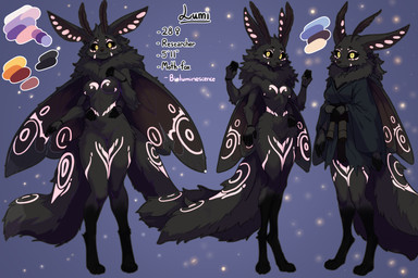 2_tails 4_arms 4_toes ankle_tuft antennae_(anatomy) anthro arm_tuft asian_clothing big_ears bioluminescence black_body black_feet black_fingers black_fur black_sclera blue_clothing blush breasts clothing east_asian_clothing elbow_tuft facial_tuft fangs feet female fur glowing glowing_background glowing_eyes glowing_markings haori hip_tuft insect_wings japanese_clothing leg_tuft lepidopteran_wings lumi_(taiyokami) markings medium_breasts multi_arm multi_limb multi_tail obi pink_ears pink_glow pink_wings ruff shoulder_tuft solo standing tail tail_tuft teeth toes tuft white_body white_fur wings yellow_eyes arthropod canid canine fox hybrid insect lepidopteran mammal moth absurd_res hi_res