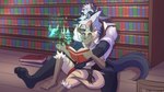 anthro book duo eyewear glasses library magic male on_lap sitting_on_lap size_difference shirokoi temptations_ballad_(visual_novel) cole_(temptations_ballad) sidd_(temptations_ballad) badger hyena mammal mustelid musteline 16:9 hi_res widescreen