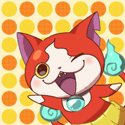 2_tails anthro blue_fire blush collar colored_fire dotted_background fangs featureless_hands fire flaming_tail fur happy looking_at_viewer male multi_tail notched_ear one_eye_closed open_mouth open_smile pattern_background raised_arm red_body red_fur sash simple_background smile solo tail teeth wink winking_at_viewer yellow_background yellow_sclera pokunchan level-5 yo-kai_watch jibanyan domestic_cat felid feline felis mammal tuxedo_cat 2014 digital_drawing_(artwork) digital_media_(artwork) portrait