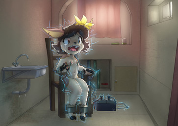 ankle_tuft anthro arm_tuft biped black_hair black_markings black_nose bodily_fluids breasts brown_body brown_fur chair cloven_hooves crying electric_chair electricity electrocution eyebrows female fingerless_(marking) flower_on_head fur furniture hair hooves inside leg_tuft markings navel nipple_clamp nipple_torture notched_ear nude on_chair open_mouth pain short_hair sitting sitting_on_chair small_breasts solo tan_body tan_fur tears teeth text tongue torture torture_device tuft unguligrade wrist_tuft young young_anthro young_female galo nintendo pokemon deerling generation_5_pokemon pokemon_(species) spring_deerling 2025 absurd_res alternate_version_at_source english_text hi_res