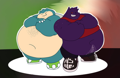 anthro belly big_arms big_belly body_hair clothing duo eyes_closed fat_arms footwear happy_trail head_tuft male navel obese overweight purple_body red_sclera shoes simple_background smile sneakers thick_arms thick_thighs tuft underbite fujiyama_samoyed nintendo pokemon arpad_(fujiyamasamoyed) kovacs_(fujiyamasamoyed) generation_1_pokemon gengar ghost pokemon_(species) snorlax spirit hi_res