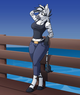 5_fingers anthro belt black_eyebrows black_hooves bottomwear breasts cleavage clothed clothing day eyebrows female fence fingers fur gloves_(marking) hooves markings multicolored_body multicolored_fur navel outside pants shirt solo standing stripes tail tail_tuft topwear tuft water white_body white_fur s7v8 equid equine mammal zebra shaded