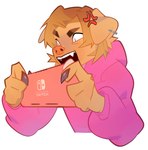 angry annoyed anthro biped blonde_hair chibi claws clothing constricted_pupils cross-popping_vein ear_piercing ears_down electronics eyebrows female floppy_ears fur game_console gaming hair hoodie iconography logo looking_at_object open_mouth paws piercing pink_clothing pink_hoodie pink_topwear pivoted_ears playing_video_game pupils raised_eyebrow small_pupils solo topwear yellow_body yellow_fur itangpng nintendo nintendo_switch katherine_(itangpng) bird_dog canid canine canis domestic_dog golden_retriever hunting_dog mammal retriever half-length_portrait halftone hi_res portrait signature