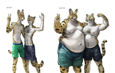 anthro arm_around_shoulders before_and_after belly belly_rolls belly_squish big_belly blonde_hair body_hair bottomwear chest_hair clothed clothing comparison double_chin duo eyes_closed fat_rolls flexing flexing_bicep fur gesture hair hand_gesture hand_on_shoulder looking_at_viewer love_handles male male/male markings moobs musclegut muscular muscular_anthro muscular_male navel neck_rolls nipples obese obese_anthro obese_male open_mouth overweight overweight_anthro overweight_male pecs shorts simple_background size_difference skinny slim smile spots spotted_body spotted_fur squish swimming_trunks swimwear tail tan_body tan_fur tan_hair teeth topless v_sign waving waving_at_viewer weight_gain whiskers white_background white_belly yellow_body yellow_fur cettus clouded_leopard felid feline mammal pantherine serval 2026 absurd_res hi_res