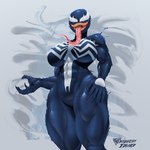 big_breasts black_body blue_body bodily_fluids breasts claws curvy_figure emblem empty_eyes fangs female long_tongue muscular muscular_female not_furry open_mouth saliva sharp_teeth simple_background solo teeth thick_thighs tongue tongue_out white_eyes byghosteduard marvel she-venom venom_(marvel) alien alien_humanoid humanoid monster symbiote 1:1 2024 absurd_res colored digital_drawing_(artwork) digital_media_(artwork) hi_res shaded