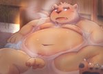 anthro balls bathing belly blush brown_body brown_fur detailed_background fur genitals humanoid_genitalia humanoid_hands humanoid_penis kemono male moobs navel nipples overweight overweight_anthro overweight_male penis penis_peeking_out_of_water solo water i_0rai bear mammal 2021 hi_res