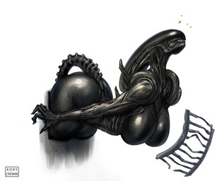 anthro big_breasts big_butt black_body breasts butt claws curvy_figure female long_tail nude simple_background solo struggling stuck stuck_in_vent tail thick_thighs wide_hips kory_cromie alien_(franchise) alien xenomorph 6:5 hi_res signature