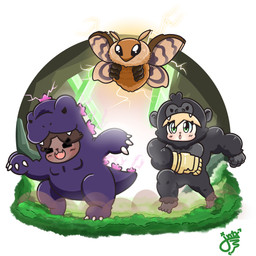 anthro black_body black_eyes black_fur blonde_hair blush blush_lines brown_body brown_hair claws clothing cosplay costume crystal dust dust_cloud energy fangs female fur green_eyes group hair happy insect_wings lepidopteran_wings light metal_gloves moth_antennae movie_reference open_mouth orange_body orange_fur parody pink_body pink_scales purple_body scales tan_body teeth trio underground_ecosystem wings juanoh_uwu godzilla_(series) toho fiora_(melleacomic) godzilla king_kong mellea_(melleacomic) molly_(melleacomic) arthropod insect kaiju lagomorph lepidopteran leporid mammal moth primate rabbit 1:1 absurd_res digital_media_(artwork) hi_res lighting