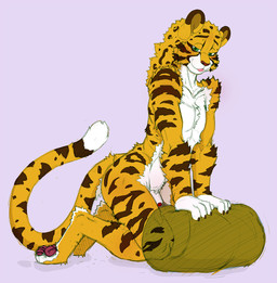 anthro blush brown_stripes dipstick_tail feet fur genitals green_eyes kneeling looking_at_viewer male markings nude pawpads penis pink_background simple_background smile solo striped_body striped_fur stripes tail tail_markings tongue tongue_out yellow_body yellow_fur dktorzi chiar_(dktorzi) cheetah felid feline hybrid mammal pantherine tiger 2026 full-length_portrait portrait