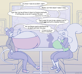 ambiguous_gender anthro beverage big_breasts booth bottomwear breasts building clothing container cup female footwear furniture group hair huge_breasts hyper hyper_breasts jacket mug open_mouth pants plant road shoes sidewalk sneakers speech_bubble steam table text topwear tree trio window satsumalord gina_(satsumalord) shane_(satsumalord) ambiguous_species mammal mouse murid murine rodent sciurid tree_squirrel 2025 digital_media_(artwork) english_text hi_res