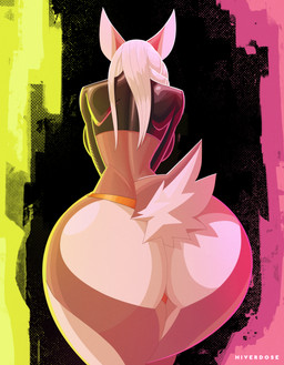 anthro big_breasts big_butt blonde_hair braided_hair breasts brown_body brown_fur butt camel_toe camel_toe_from_behind clothing ears_up female fluffy fluffy_tail fur glistening glistening_clothing hair long_hair long_sleeves midriff panties pink_light platinum_blonde pointy_ears raised_tail rear_view scut_tail shirt short_tail shoulder_blades simple_background small_waist solo standing tail tight_clothing topwear underwear white_body white_fur wide_hips yellow_light hiverdose sahra_(hiverdose) deer mammal hi_res