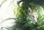 ambiguous_gender black_nose blue_eyes feral fur leaf simple_background solo text white_background white_body white_fur alectorfencer canid canine canis mammal wolf 2019 digital_media_(artwork) headshot_portrait portrait url