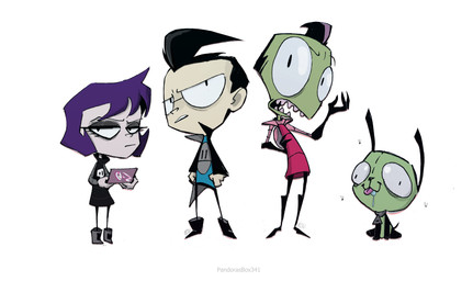 electronics eyewear female game_console glasses green_body green_skin group hair male purple_hair simple_background tongue tongue_out white_background pandorasbox341 invader_zim nickelodeon dib_membrane gaz_membrane gir_(invader_zim) zim_(invader_zim) alien alien_humanoid canid canine canis domestic_dog human humanoid irken mammal absurd_res hi_res