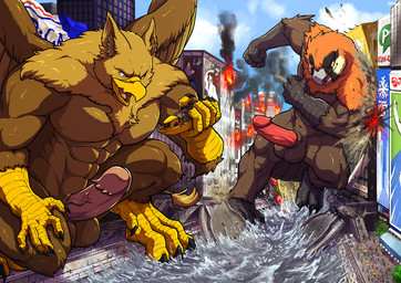 4_toes 5_fingers abs anthro balls beak biped brown_body brown_fur building building_destruction city city_background city_crushing city_destruction cityscape claws destruction duo erection extreme_size_difference feathered_wings feathers feet finger_claws fingers fire fur genitals house humanoid_genitalia humanoid_penis macro macro_anthro macro_male male muscular muscular_anthro muscular_male nude open_mouth outside pawpads paws pecs penile penis rampage river ship size_difference sky smile stomping tail toe_claws toes vehicle vehicle_destruction vein veiny_penis watercraft wings tatugon mythology carpo sergey_(abiki) accipitrid accipitriform avian bearded_vulture bird gryphon mythological_avian mythological_creature old_world_vulture vulture hi_res