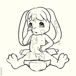 anthro big_ears biped bodily_fluids cum cum_in_hair cum_on_chest cum_on_ear cum_on_face diaper female flat_chested floppy_ears genital_fluids genitals hair humanoid_genitalia humanoid_vulva lop_ears navel nipples nude open_diaper short_hair simple_background sitting sitting_on_ground solo toddler vulva white_background young young_anthro young_female maverick nicky_(martimart) lagomorph leporid mammal rabbit 1:1 2026 hi_res monochrome sketch