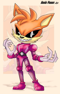 armor clothed clothing female gloves handwear looking_at_viewer sharp_teeth smile smiling_at_viewer solo teeth text white_eyes nonicpower fleetway_comics sega sonic_the_comic sonic_the_hedgehog_(comics) sonic_the_hedgehog_(series) metamorphia_(stc) bobcat felid feline lynx mammal artist_name english_text hi_res
