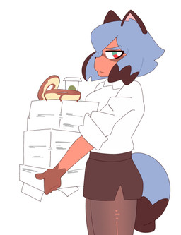 anthro beverage blue_hair bottomwear breasts brown_body clothed clothing coffee coffee_cup collared_shirt container cup dessert dipstick_tail doughnut dress_shirt facial_markings female food frown gloves_(marking) hair head_markings holding_object holding_paper legwear looking_at_viewer markings mask_(marking) medium_breasts narrowed_eyes office_lady pantyhose paper paper_pile pastry pencil_skirt shirt side_view simple_background skirt solo standing tail tail_markings thick_thighs topwear white_background oddity27 brand_new_animal studio_trigger michiru_kagemori canid canine mammal raccoon_dog tanuki 2025 digital_drawing_(artwork) digital_media_(artwork) hi_res portrait three-quarter_portrait