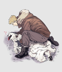 anthro blonde_hair blue_eyes boots bottomwear brown_clothing brown_coat brown_jacket brown_topwear clothing coat duo eyes_closed fluffy footwear fur gloves grey_background hair handwear headpat heart_symbol jacket lying male male_anthro male_human mature_human mature_male open_mouth pants petting petting_body shoes simple_background tongue tongue_out topwear white_body white_fur submori_521 cren canid canine canis human mammal wolf hi_res