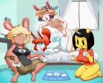 5:4 absurd_res anthro bed board_game bottomless bottomless_anthro bottomless_female clothed clothing clover_(r0cketjumper) doggystyle female from_behind_position furniture giraffe giraffid group hand_on_butt hi_res holding_object lagomorph leporid male male/female mammal minus8 moody_(bluebreed) on_bed rabbit richard_(goofygoobersama) sex yuh_(yopy)