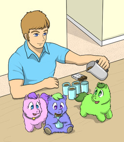 ambiguous_feral ambiguous_gender beverage blue_clothing blue_eyes blue_shirt blue_topwear brown_eyebrows brown_hair candy chocolate clothing container cup dessert drinking eyebrows feral food fur green_body green_eyes green_fur green_hair green_tail group hair holding_container holding_cup holding_object hooves hot_chocolate light_body light_skin looking_at_another looking_back looking_back_at_another male male_human mouth_closed open_mouth pouring pouring_drink purple_body purple_eyes purple_fur purple_hair purple_tail shirt sitting smile standing tail topwear walking young young_ambiguous young_feral carpdime fluffy_pony avocado_(fluffy_pony) fluffy_pony_(species) human mammal digital_media_(artwork) shaded