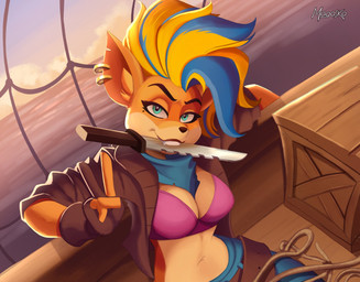 anthro bra breasts cleavage clothed clothing ear_piercing ear_ring female gesture hair hand_gesture jacket kerchief knife midriff mohawk multicolored_hair object_in_mouth piercing ring_piercing solo topwear underwear v_sign y2k_(fashion) magaska19 activision crash_bandicoot_(series) pirate_tawna bandicoot mammal marsupial 2021 hi_res
