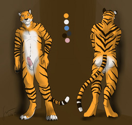 anthro balls blue_eyes erection front_view fur genitals glistening glistening_eyes hand_on_hip humanoid_genitalia humanoid_penis male male_anthro markings mouth_closed nude penis pink_penis rear_view slim_anthro slim_male solo standing striped_arms striped_back striped_legs striped_markings striped_neck striped_tail stripes tail tail_markings white_balls white_body white_fur yellow_body yellow_fur hufnaar felid mammal pantherine tiger 2015 dated hi_res model_sheet