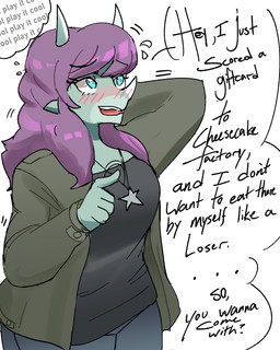 3_horns anthro blue_eyes blush bottomwear clothed clothing denim denim_bottomwear denim_clothing dialogue eyelashes facial_horn female fingers gesture hair hand_behind_head hand_gesture horn jacket jeans jewelry long_hair looking_up multi_horn necklace open_mouth pants pointing purple_hair simple_background slightly_chubby slightly_chubby_female solo speech_bubble teal_body teal_scales teeth text thought_bubble topwear white_background rexhastala cavemanon_studios goodbye_volcano_high ko_op_(game_developer) snoot_game reeve_(gvh) ceratopsian dinosaur humanoid mammal marginocephalian ornithischian prehistoric_species reptile scalie 2022 4:5 digital_media_(artwork) english_text hi_res