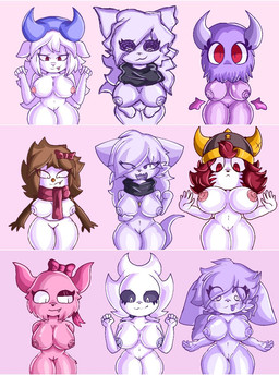 anthro breasts chibi female fur group nipples pink_body pink_fur presenting purple_body purple_fur snowman white_body white_fur lanfreez avian bird bovid caprine ghost goat hybrid lagomorph leporid mammal owl rabbit spirit unknown_species letterbox multiple_images