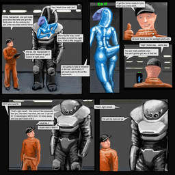 5_fingers anthro black_border blue_body blue_clothing blue_skin bodysuit border breasts butt clothed clothing dialogue electronics female fingers hat headgear headwear holding_object humor jumpsuit machine male non-mammal_breasts open_mouth orange_clothing skinsuit speech_bubble tablet tablet_computer text thought_bubble tight_clothing meandraco alien human mammal robot 1:1 2010 comic digital_media_(artwork) english_text hi_res