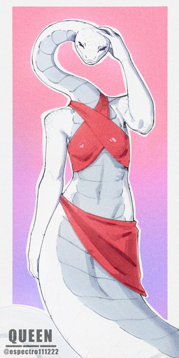 abstract_background anthro apode bikini clothing eyes_closed female fingers front_view grey_body grey_scales legless long_neck long_tail midriff multicolored_body multicolored_scales red_bikini red_clothing red_swimwear sarong scales serpentine smile solo swimwear tail text two-piece_swimsuit two_tone_body two_tone_scales white_body white_scales espectro111222 seki_(espectro111222) draconcopode naga reptile scalie snake 2025 artist_name digital_drawing_(artwork) digital_media_(artwork) watermark