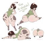 anthro big_butt breasts brown_hair butt clothed clothing eyes_closed female front_view green_clothing green_eyes hair huge_butt huge_hips huge_thighs medium_breasts open_mouth rear_view side_view simple_background solo standing tan_body thick_thighs white_background white_body wide_hips tiggybloom domestic_pig mammal suid suine sus_(pig) 2021 hi_res