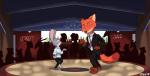 anthro bar barefoot clothed clothing dancing dipstick_ears duo_focus ear_markings eyes_closed feet female group male multicolored_ears necktie parody silhouette suit text tggeko disney pulp_fiction zootopia judy_hopps nick_wilde canid canine fox lagomorph leporid mammal rabbit red_fox true_fox 2017 crossover english_text hi_res