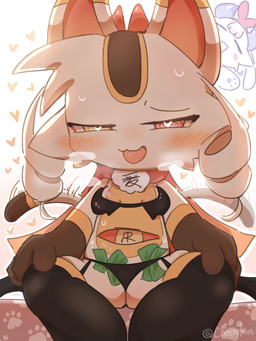 anthro breasts chibi clothed clothing female heart_eyes heart_symbol legwear money money_in_underwear sitting small_breasts solo thigh_highs cheesefries devil_connection makemon amoamo_(makemon) maneko_(makemon) 3:4 absurd_res hi_res