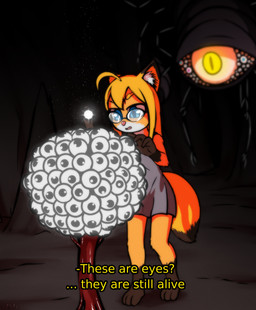 anthro barefoot blonde_hair breasts cave clothed clothing creepy dark dress duo eyeball eyewear feet female flashlight fox_tail glasses grimdark hair imminent_death inner_ear_fluff multi_arm multi_eye multi_limb open_mouth peril plant size_difference text tree tuft what young young_anthro e254e canid canine fox mammal monster digital_media_(artwork) english_text hi_res subtitled