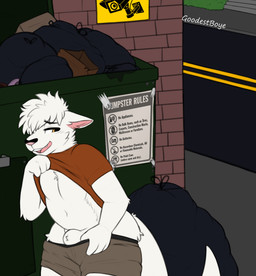 alley amber_eyes animal_genitalia anthro bag belly bottomwear brown_clothing brown_shirt brown_topwear clothed clothing clothing_lift dumpster ear_tuft fully_sheathed fur genitals head_tuft looking_back male navel open_mouth outside pants_around_thighs partially_clothed road rules sheath shirt shirt_lift shorts sign slightly_chubby slightly_chubby_anthro smile solo tail text topwear trash trash_bag tuft two_tone_nose undressing white_body white_fur young young_male goodestboye kangaroo macropod mammal marsupial 2026 absurd_res digital_media_(artwork) english_text flat_colors hi_res