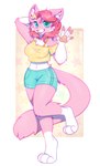 anthro blue_bottomwear blue_clothing blue_eyes blue_hotpants blue_pupils blue_shorts bottomwear clothed clothing fangs female front_view fur gesture gloves_(marking) hotpants inner_ear_fluff leg_markings looking_at_viewer markings open_mouth open_smile pattern_background pink_body pink_fur pink_tail pupils shorts simple_background smile socks_(marking) solo star-shaped_background tail teeth topwear tuft waving waving_at_viewer white_body white_fur white_inner_ear_fluff yellow_clothing yellow_topwear bloominglynx felid mammal 2024 absurd_res full-length_portrait hi_res portrait